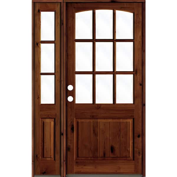 Krosswood Doors 46 in. x 96 in. Alder Right-Hand/Inswing 1/2 Lite Clear Glass Red Chestnut Stain Wood Prehung Front Door, Left Sidelite