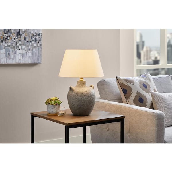 Hampton Bay Ripken 19.25 in. Natural Bisque Textural Artisan 1-Light Ceramic Table Lamp with White Fabric Bell Shade