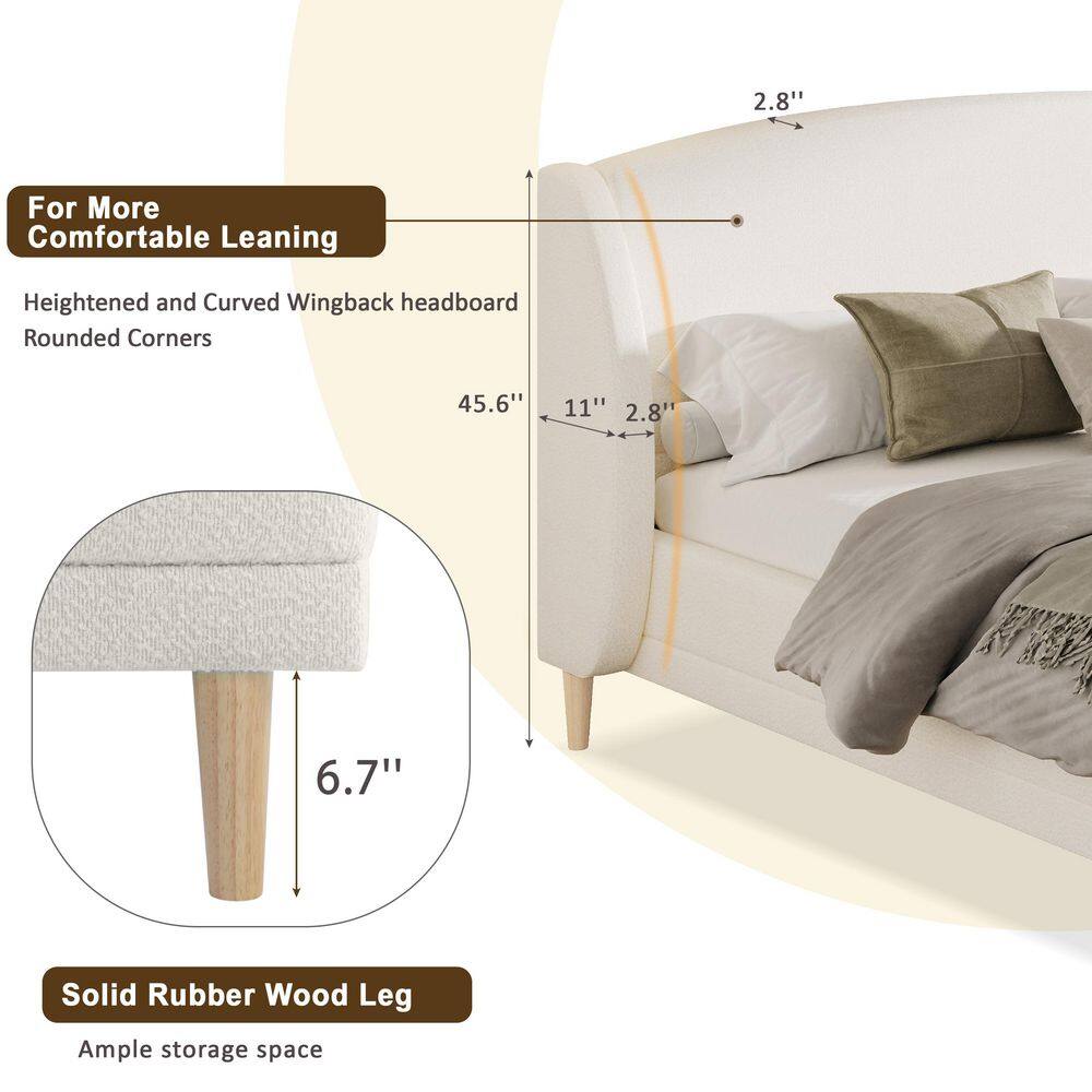 White Wood Frame King Size Boucle Fabric Upholstered Platform Bed with Wingback Headboard, Rounded Corners - thumbnail 9