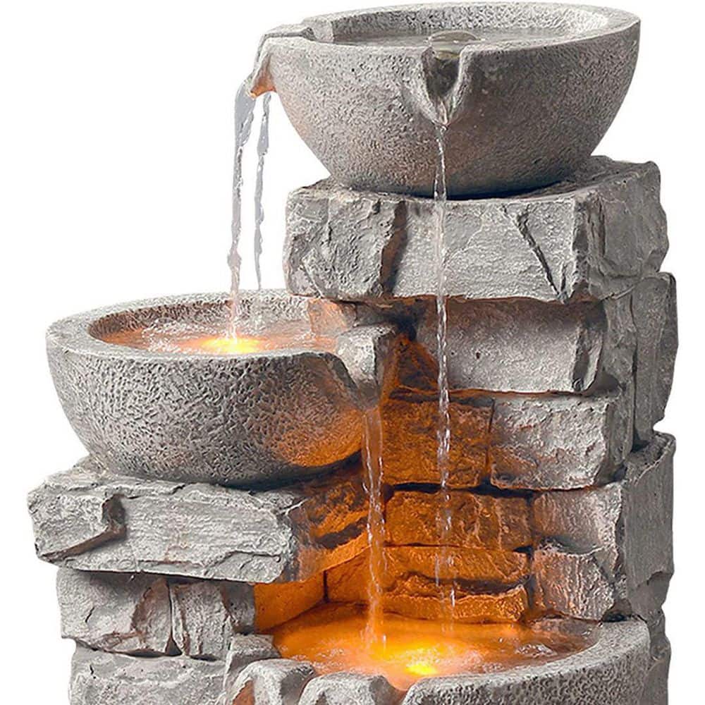 Stone Gray Cascading Bowls and Stacked Stones LED Outdoor Fountain