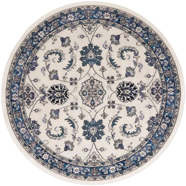 Nourison Essentials Ivory Blue 8 ft. x 8 ft. Center medallion Traditional Round Area Rug