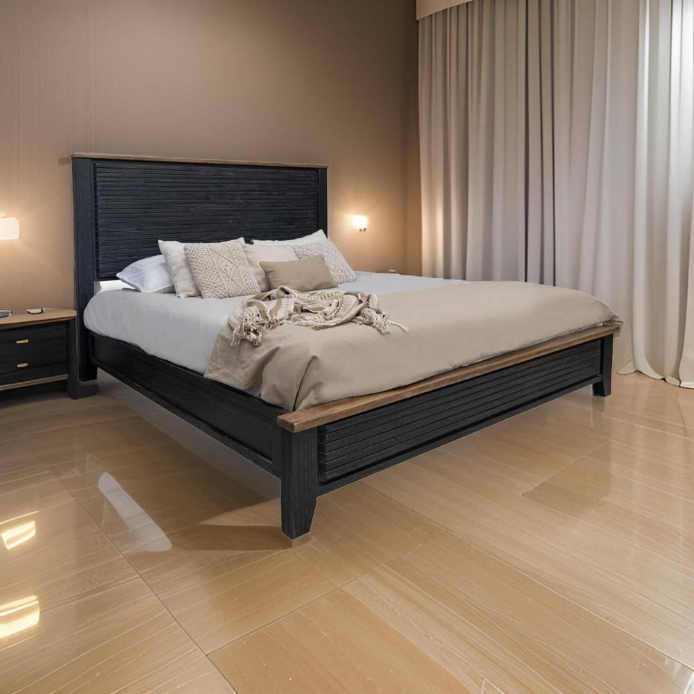 Okai Black and Brown Wood Frame Queen Panel Bed with Round Edge Panel Headboard