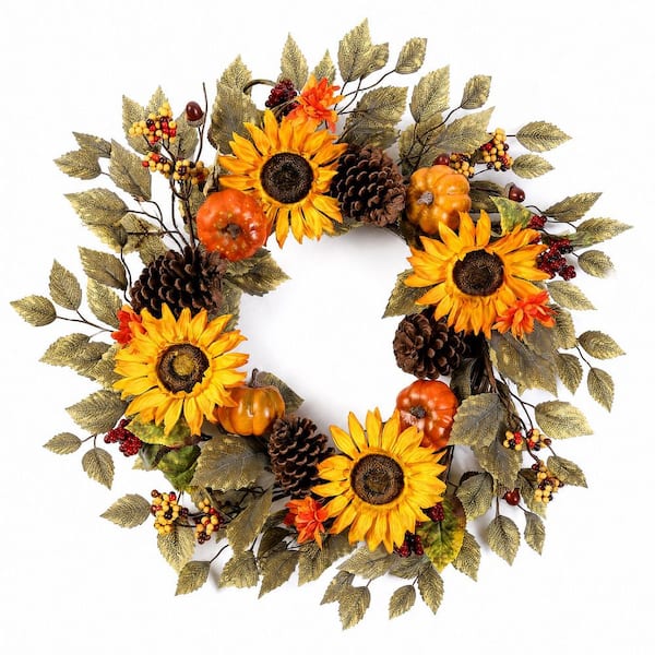 Foliage Artificial 20 in. Brown Grapevine Fall Wreath with Pumpkins, Sunflowers and Pine Cones for Door and Porch Decor