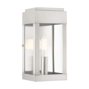 Ardenwood 9 in. 1-Light Brushed Nickel Outdoor Hardwired ADA Wall Lantern Sconce with No Bulbs Included