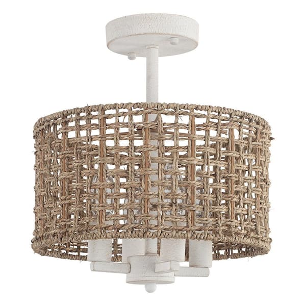 ZJVAIVE 11.8 in. 4-Light Vintage White/Clay Brown Round Drum Semi-Flush Mount with Wicker Craft and No Bulbs Included