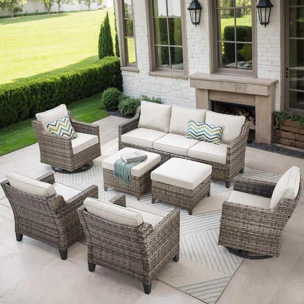 Buenaola Nyajiah 7-Piece Wicker Patio Conversation Set with Beige Cushions