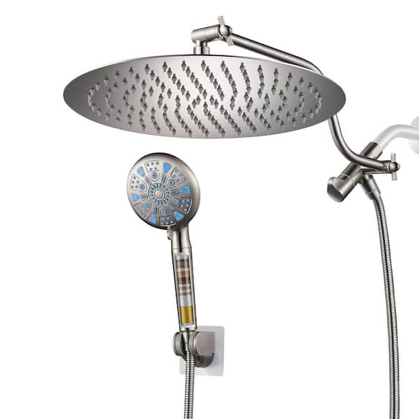 Filtration Round 9-Spray Wall Mounted 12 in. Dual Shower Head and Handheld Shower Head 2.5 GPM in Brushed Nickel