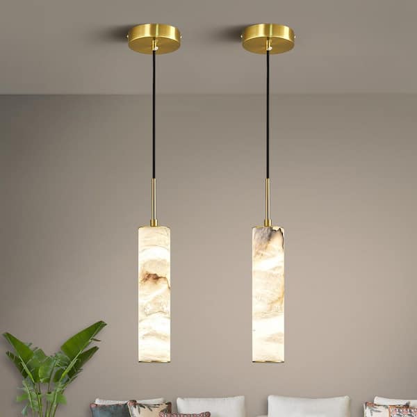 Home Light 7-Watt 1 Light Modern Gold Integrated LED Pendant Light With Natural Alabaster Shade, 2-Pack
