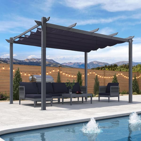 10 ft. W x 13 ft. D Outdoor Dark Gray Aluminum Pergola with Navy Blue Adjustable Sun Shelter Canopy and Extra Canopy Top