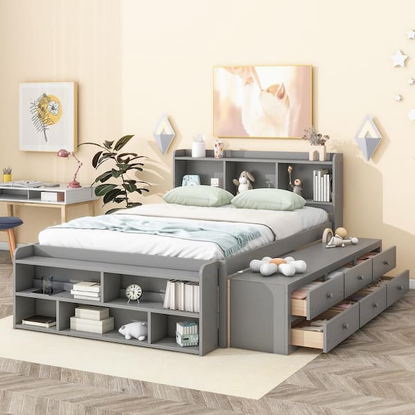Full Size Gray Platform Bed with Storage Headboard and Drawers