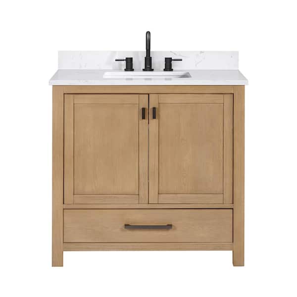 Modero 37 in. Single Sink Brushed Oak Bath Vanity with Cala White Engineered Stone Top