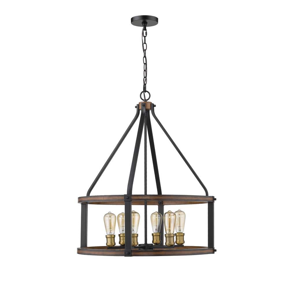 Rustic Mahogany 25" LED Drum Chandelier with Faux Barnwood