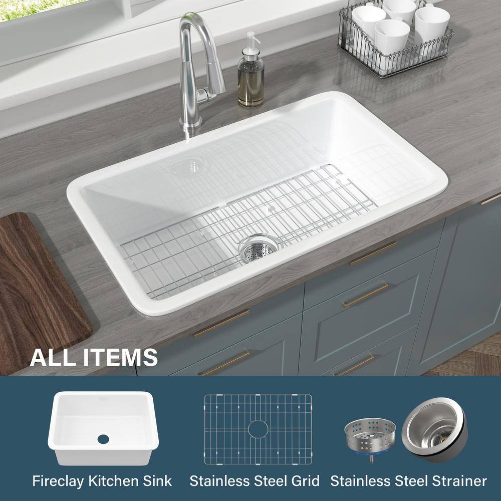32'' White Fireclay Single Bowl Undermount Kitchen Sink