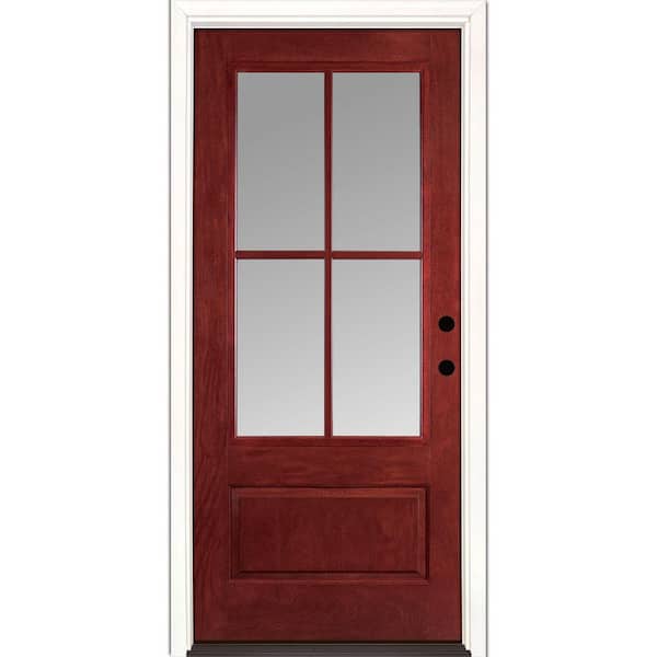 Feather River Doors 4-Lite SDL 36 in. x 80 in. Left Hand Inswing Clear 3/4 Lite Mahogany Stained Cherry Fiberglass Prehung Front Door