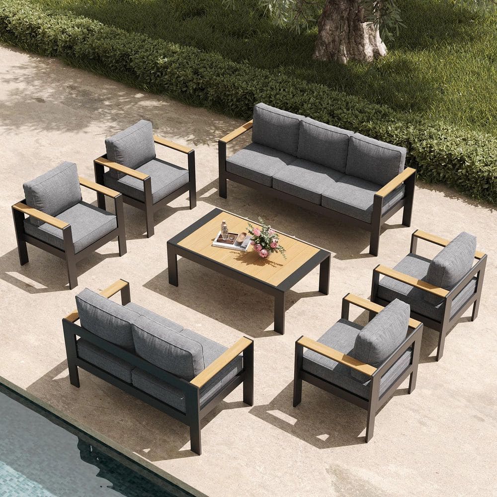 7-Piece Aluminum Outdoor Wood-Plastic Armrest Conversation Set with Coffee Table and Gray Cushion price history on PriceWatchPro