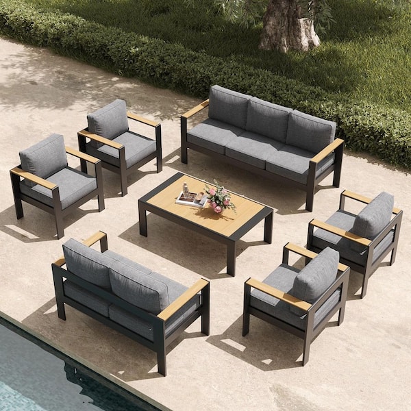 LayinSun 7-Piece Aluminum Outdoor Wood-Plastic Armrest Conversation Set with Coffee Table and Gray Cushion