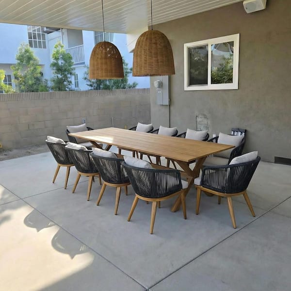 Teak-Finish 11-Piece Wicker Square Aluminum Frame Outdoor Dining Set and Pillows with Beige Cushions