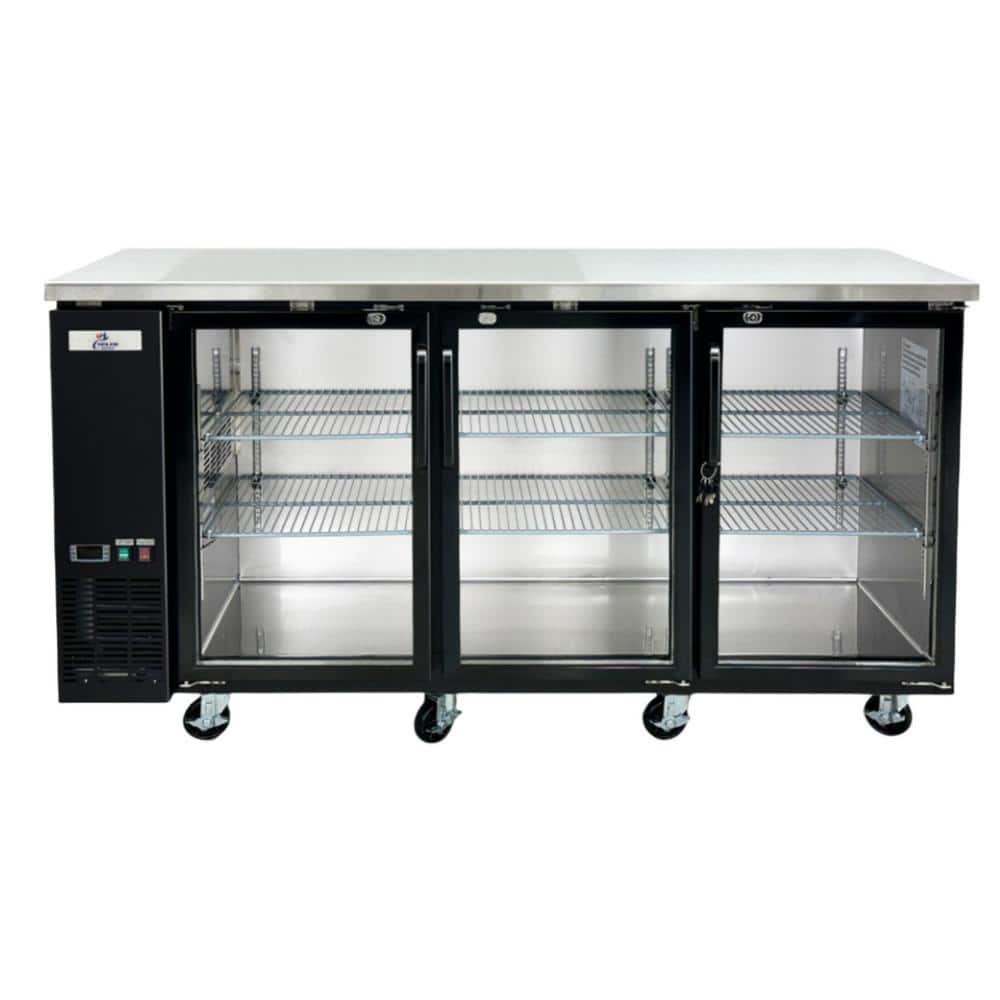 72 in. W 19.6 cu. Ft. Commercial Glass Door Under Back Bar Cooler Refrigerator in Black with Stainless Steel