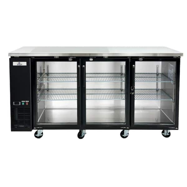 Cooler Depot 72 in. W 19.6 cu. Ft. Commercial Glass Door Under Back Bar Cooler Refrigerator in Black with Stainless Steel