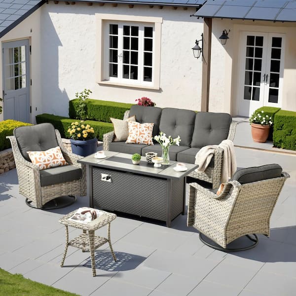Toject Eureka 5-Piece Wicker Patio Conversation Sofa Seating Set with Metal Fire Pit Table and Black Cushions