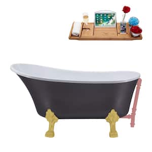 55 in. x 26.8 in. Acrylic Clawfoot Soaking Bathtub in Matte Grey with Brushed Gold Clawfeet and Matte Pink Drain