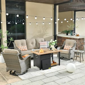 Tulip D Gray 5-Piece Wicker Patio Storage Fire Pit Conversation Set with Swivel Rocking Chairs and Beige Cushions