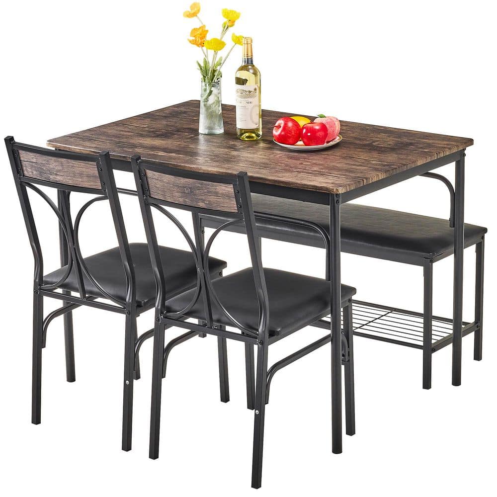 VECELO 4-Piece Brown Dining Table Set with Upholstered Bench and 2 ...