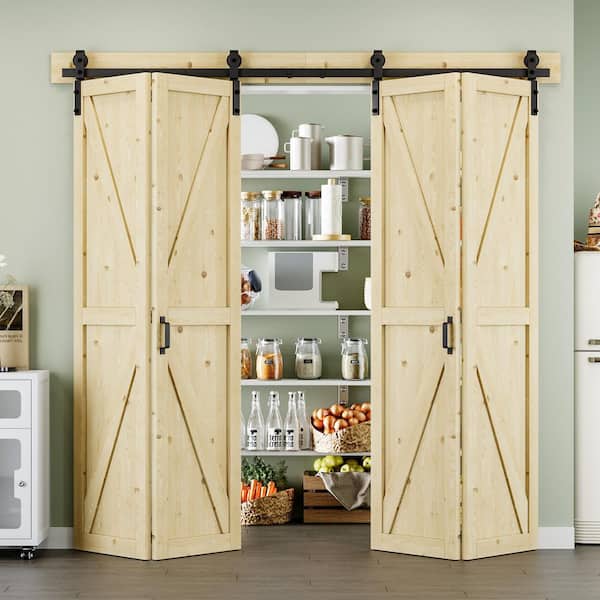 80 in. x 84 in. Paneled K Shape Solid Pine Wood Unfished Bi-fold Sliding Barn Door with Hardware Kit and Headerboard