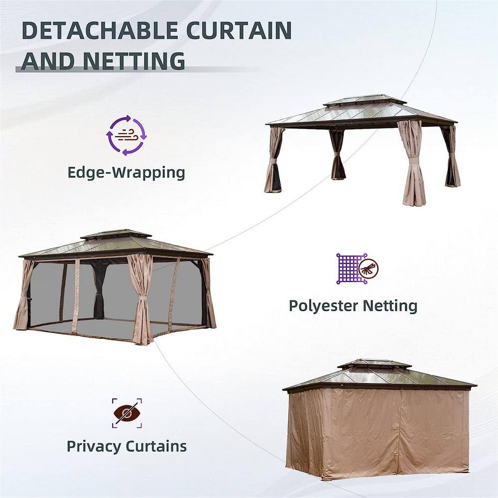 Lucio 12x16ft Brown Aluminum Hardtop Patio Gazebo with Curtains