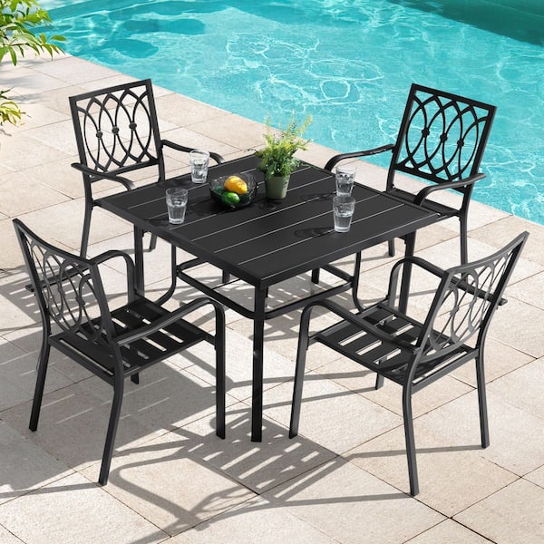 Black 5-Piece Metal Square Outdoor Dining Set with Umbrella Hole and 4 Stackable Chairs