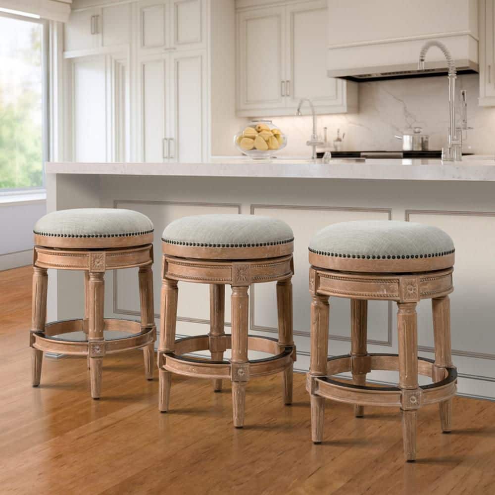 Weathered Natural Oak Backless Swivel Bar Stool with Gray Upholstered Seat