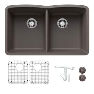 Diamond 32 in. Undermount Double Bowl Volcano Gray Granite Composite Kitchen Sink Kit with Accessories