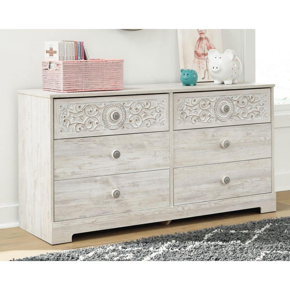 Whitewash Bohemian 6-Drawer Dresser with Medallion Pulls
