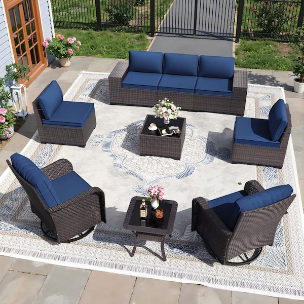 10-Piece Wicker Outdoor Patio Conversation Set with 55000 BTU Propane Fire Pit Table and Swivel Rocking Chairs, Navy