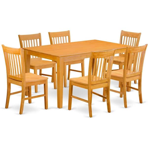 7-Piece Rectangle Natural Oak Finish Solid Wood Top Dining Table with 6 Chairs with Lattice Back