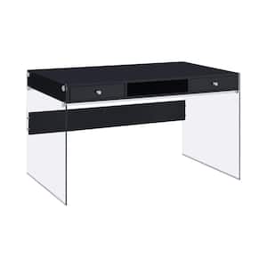 Dobrev 48 in. Rectangular Glossy Black and Clear 2-Drawer Writing Desk with Storage Compartment
