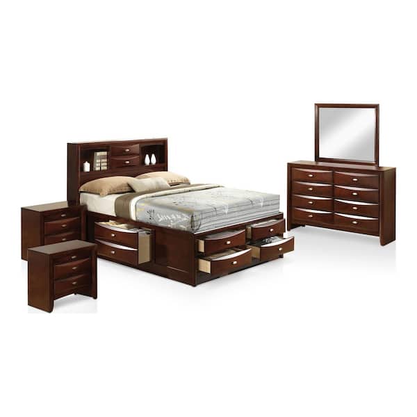 Lanten 5-Piece Brown Wood Frame Queen Bedroom Set with Side Drawers and Bookcase Headboard