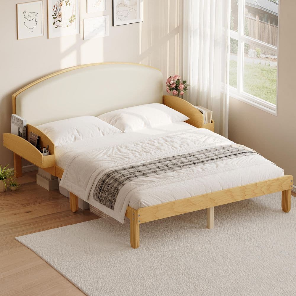 Natural(Brown) Wood Frame Full Platform Bed with Upholstered Headboard and Side Storage Shelves price history on PriceWatchPro