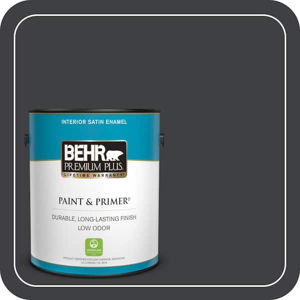 BEHR PREMIUM PLUS 1 gal. Home Decorators Collection #HDC-MD-04 Totally Black Satin Enamel Low Odor Interior Paint & Primer