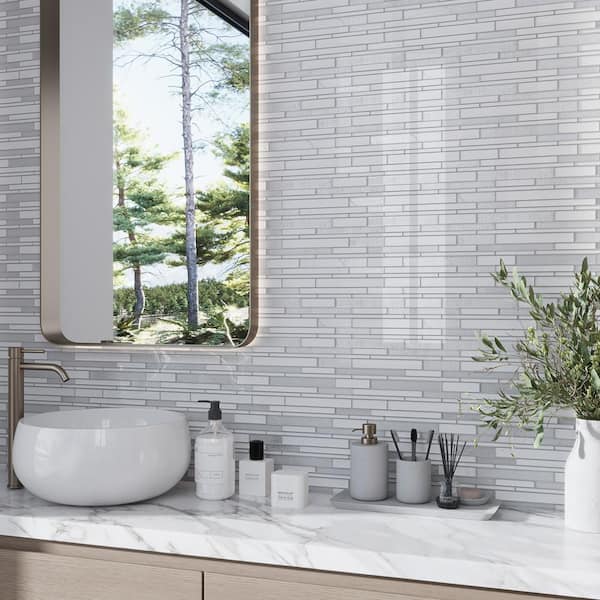 Silver White 11.8 in. x 12.2 in. Linear Polished and Matte Finished Glass Mosaic Tile (5.00 sq. ft./Case)