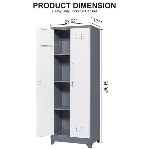 White 23.6 in. Metal Broom Storage Cabinet with 4 Shelves and Locking Doors, Hanging Rod and S-Hooks Utility Locker