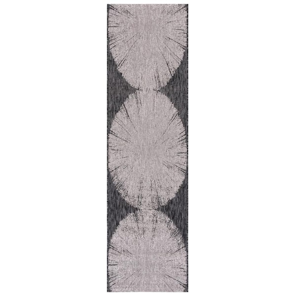 Courtyard Beige/Black 2 ft. x 8 ft. Floral Abstract Indoor/Outdoor Runner Rug