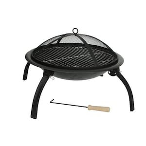 22 in. Round Steel Fire Pit in Black with Folding Legs