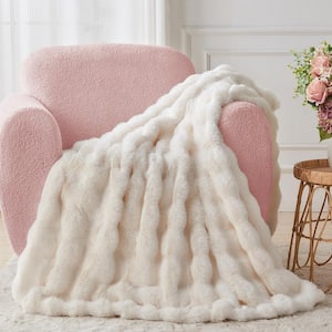 ILTB Beige Faux Rabbit Fur 50 in. x 60 in. Plush Shag Throw Blanket