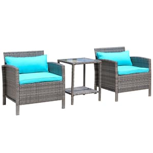 3-Piece Rattan Wicker Bistro Set Outdoor Patio Conversation Coffee Sets with Soft Green Cushion, Glass Table Top