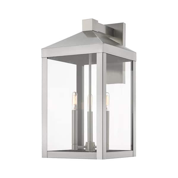 AVIANCE LIGHTING Creekview 21.75 in. 3-Light Brushed Nickel Outdoor Hardwired Wall Lantern Sconce with No Bulbs Included