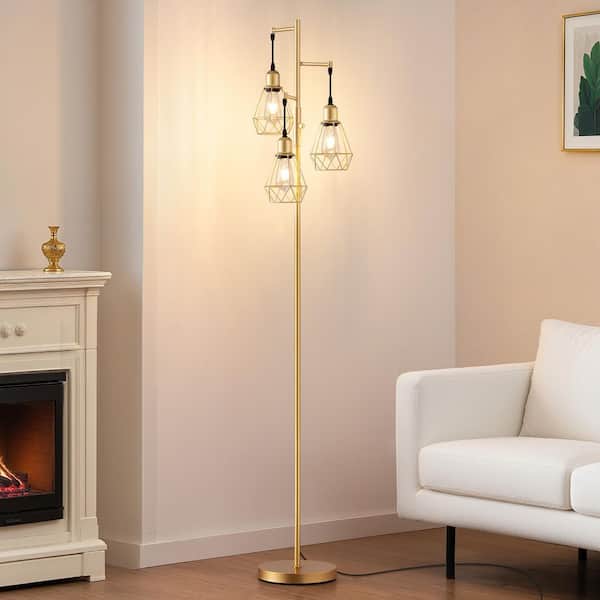 69 in. Gold 3-Light Farmhouse Industrial Dimmable Tree Floor Lamp with Hanging Elegant Cage Shades, Bulbs Included