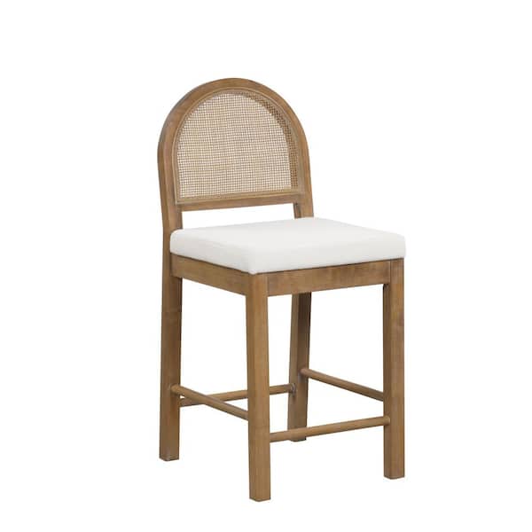 Bailey 24 in. Upholstered Rattan Counter Bar Stool w/Wood Frame, Boucle Cushion and Woven Back for Kitchen, Light Brown