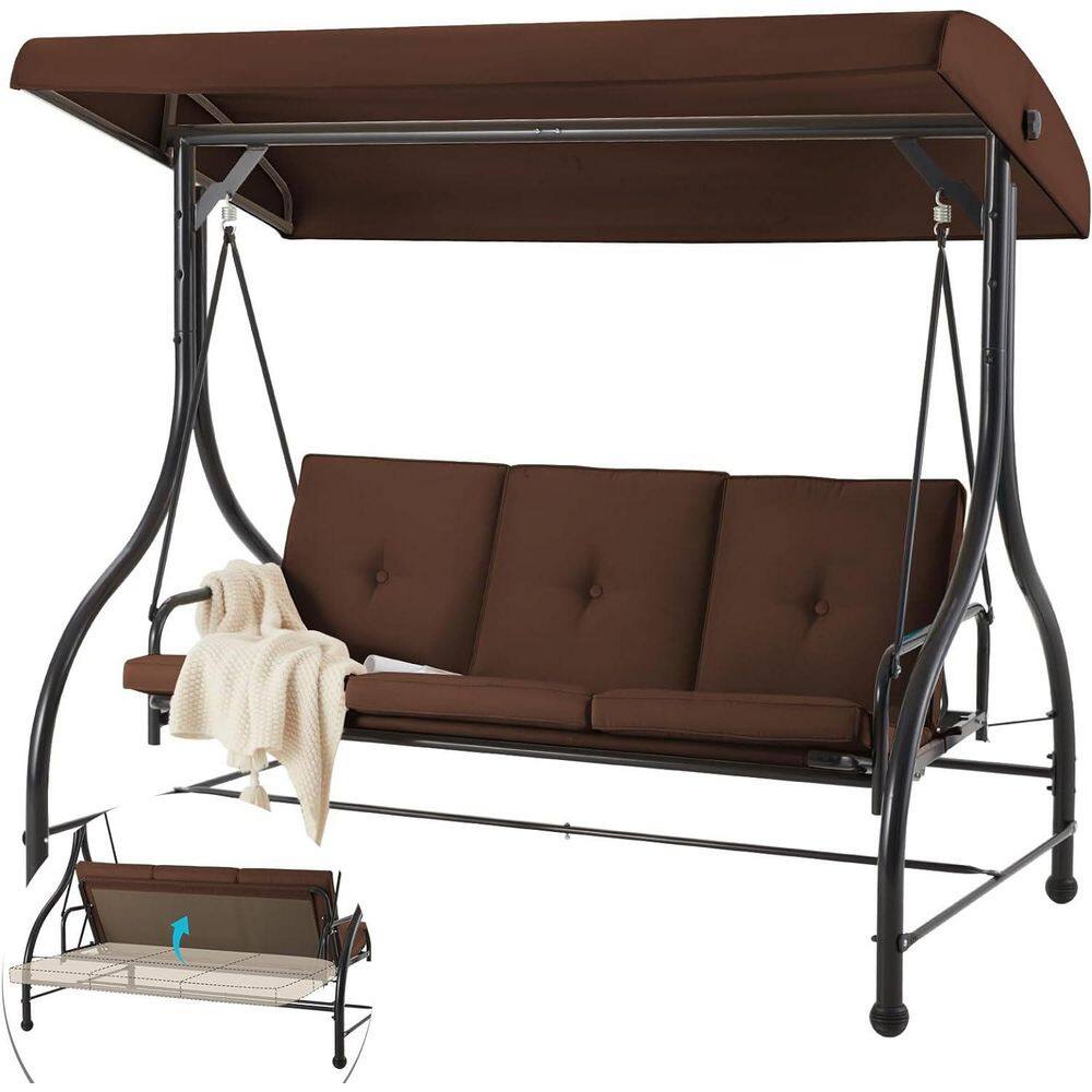 3-Person Adjustment Metal Patio Swing with Brown Cushion and Canopy Top, UV Resistant, Waterproof price history on PriceWatchPro