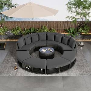 9-Piece Wicker Outdoor Sectional Sofa Set, Patio Round Conversation Seating Groups with Gray Cushions